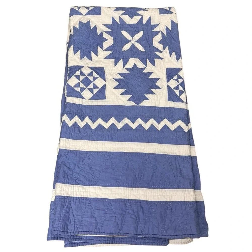 Vintage Cornflower Blue & White Handmade Quilt Sampler Geometric Zig Zag 85x90